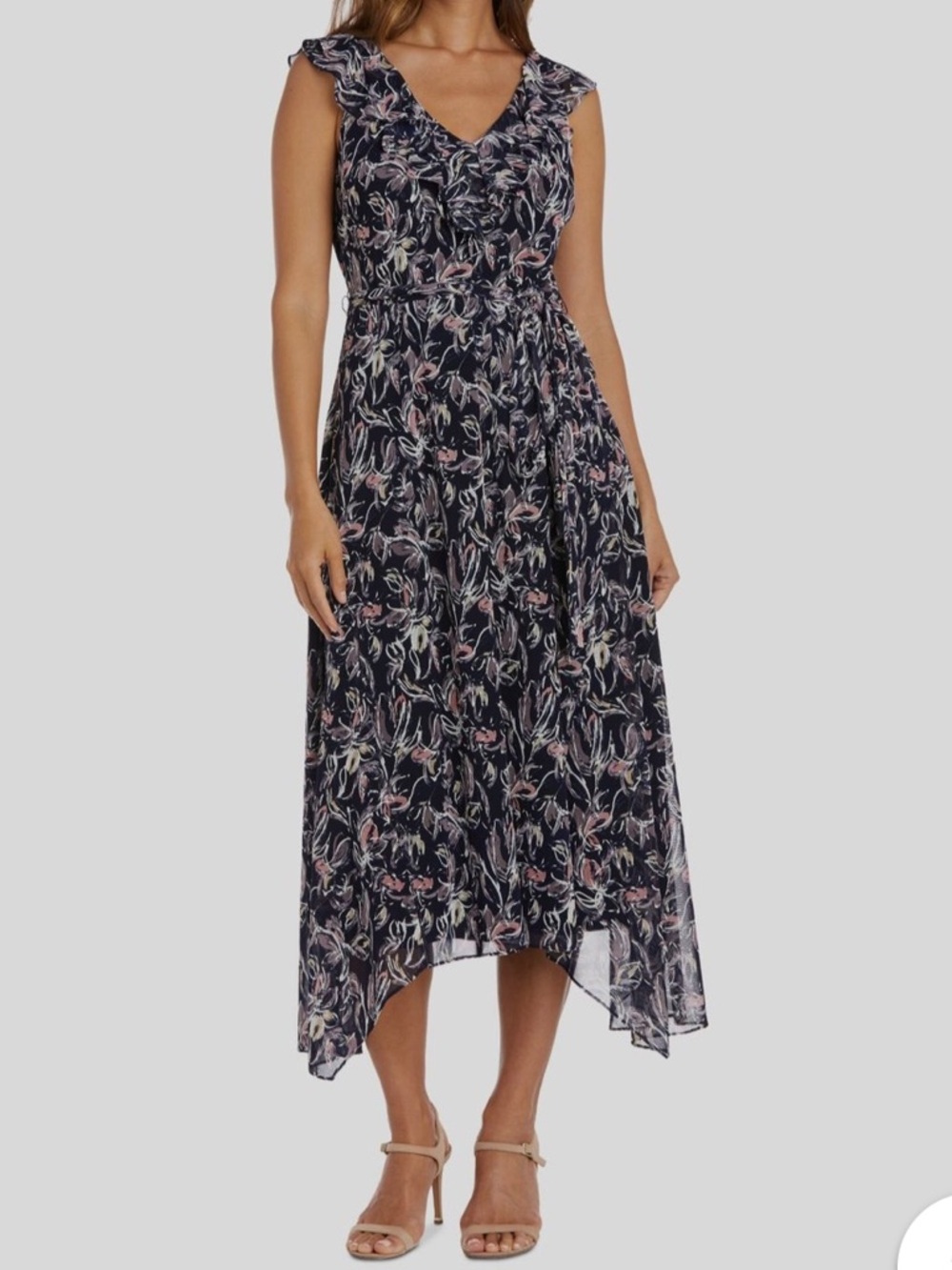 R&M Richards Navy Floral Ruffled Hi-Low V-Neck Dress